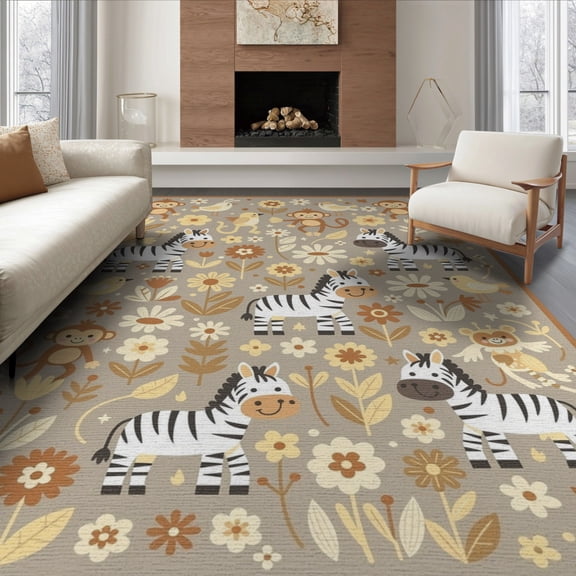 ODIKA 8'x10' Washable Area Rug Zoo Tone Wildlife Numbers Botanical Classroom Playroom Daycare for King Size Bedroom Under Bed, Master Suite, Non-Shedding, Easy Care