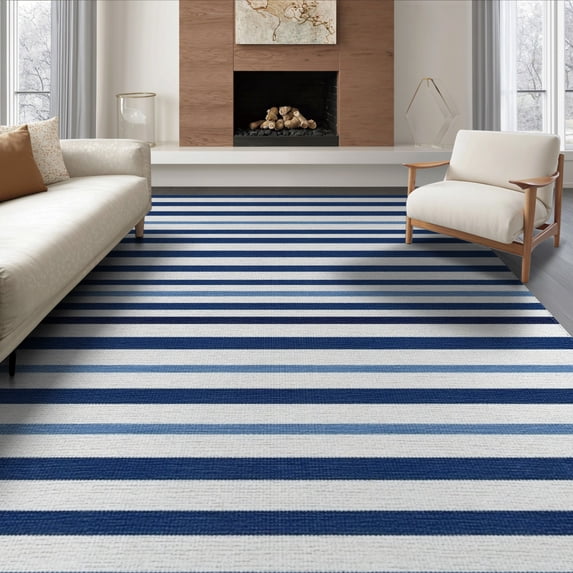 ODIKA 8'x10' Welcome Striped Door Nautical Beachy Symmetrical Wide Bands Front Washable Area Rug None Non-Shedding, Easy Care, for King Size Bedroom Under Bed, Master Suite