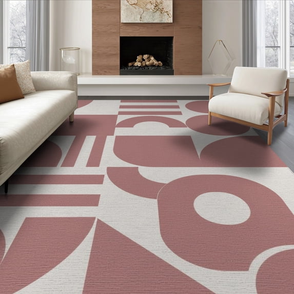 ODIKA 8'x10' White Mid Century Modern Abstract Washable Area Rug Geometric Loops and Shapes in Retro Style for King Size Bedroom Under Bed, Master Suite, Non-Shedding, Easy Care