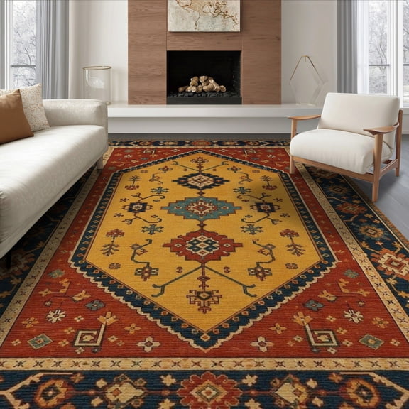 ODIKA 8'x10' Yellow Red Golden Turkish Motif Washable Area Rug Intricate Geometric Patterns with Classic Charm for King Size Bedroom Under Bed, Master Suite, Non-Shedding, Easy Care