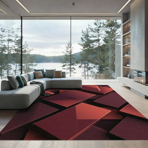 ODIKA 8'x10' Machine Washable Non-Slip Area Rug, 3d Burgundy High Traffic Rug, Red, 1279344