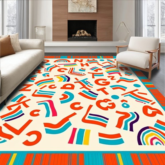 ODIKA 8'x10' Machine Washable Non-Slip Area Rug, ABC Adventure Featuring Numbers Shapes and Borders High Traffic Rug, Orange, 686810