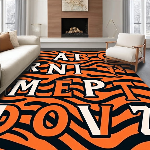 ODIKA 8'x10' Machine Washable Non-Slip Area Rug, ABC Recognition Floor featuring Playful Animal Mascot Graphics High Traffic Rug, Orange, 690736
