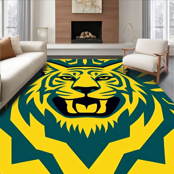 ODIKA 8'x10' Machine Washable Non-Slip Area Rug, Abstract Animal Inspired Design Featuring Fierce Tiger Eyes and Layered Stripes High Traffic Rug, Yellow, 671684