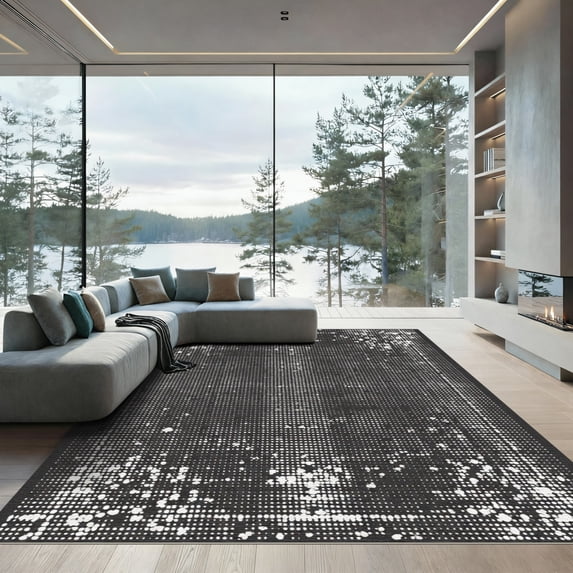 ODIKA 8'x10' Machine Washable Non-Slip Area Rug, Abstract Black High Traffic Rug, Black, 1072177