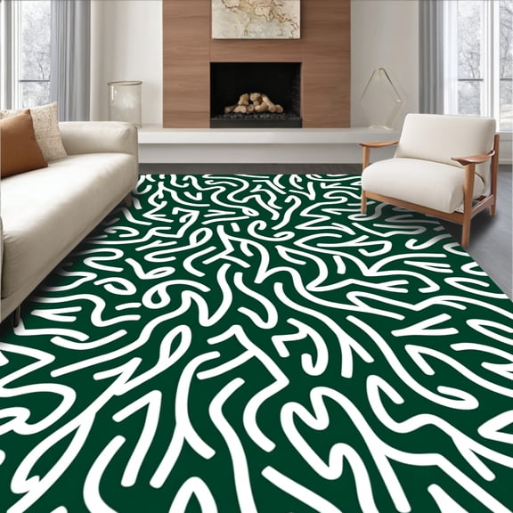 ODIKA 8'x10' Machine Washable Non-Slip Area Rug, Abstract Botanical Maze Modern Minimalist Style High Traffic Rug, Green, 547308