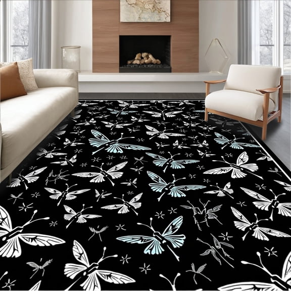 ODIKA 8'x10' Machine Washable Non-Slip Area Rug, Abstract Dragonfly Swarm Design Pile with Nature High Traffic Rug, Black, 472009