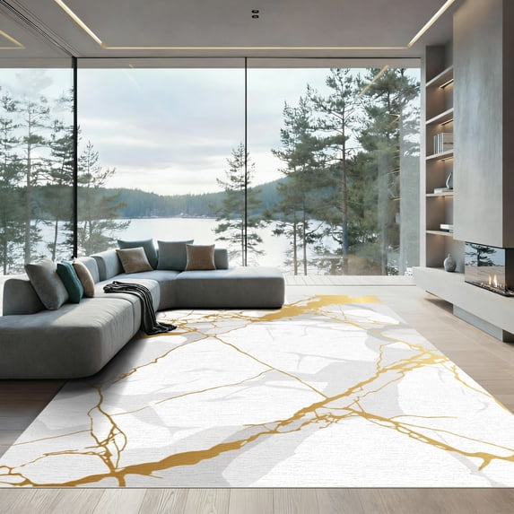 ODIKA 8'x10' Machine Washable Non-Slip Area Rug, Abstract Gold High Traffic Rug, White, 1067626