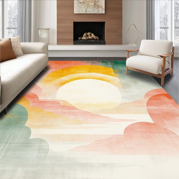 ODIKA 8'x10' Machine Washable Non-Slip Area Rug, Retro Sunshine Boho with Abstract Sun and Crystal Hues for Entry High Traffic Rug, Yellow, 99558