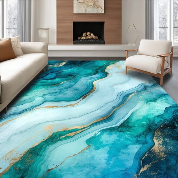 ODIKA 8'x10' Machine Washable Non-Slip Area Rug, Luxury Watercolor Marble with Oceanic Stone High Traffic Rug with Pad, Blue, 57402