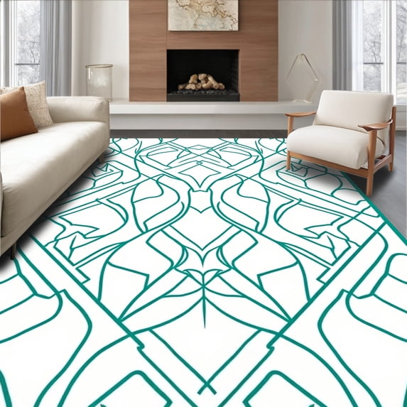 ODIKA 8'x10' Machine Washable Non-Slip Area Rug, Abstract Interlocking Lattice with Influence High Traffic Rug, Blue, 358617