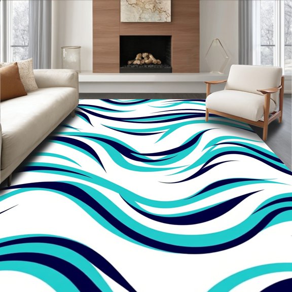 ODIKA 8'x10' Machine Washable Non-Slip Area Rug, Abstract Interlocking Waves with Gradient Flow and Fluid Curves High Traffic Rug, Blue, 556460