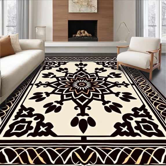 ODIKA 8'x10' Machine Washable Non-Slip Area Rug, Abstract Medallion Protector Blocks Unwanted Path Residue High Traffic Rug, Black, 593053