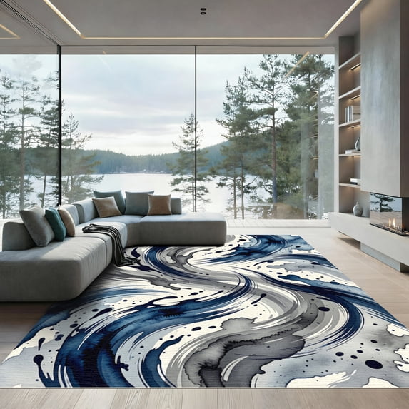 ODIKA 8'x10' Machine Washable Non-Slip Area Rug, Abstract Navy Blue High Traffic Rug, Blue, 956056