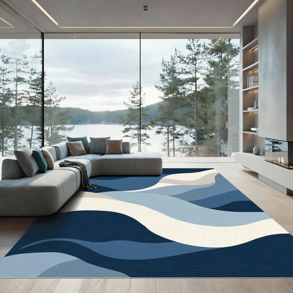 ODIKA 8'x10' Machine Washable Non-Slip Area Rug, Abstract Navy Blue High Traffic Rug with Pad, Blue, 1058550
