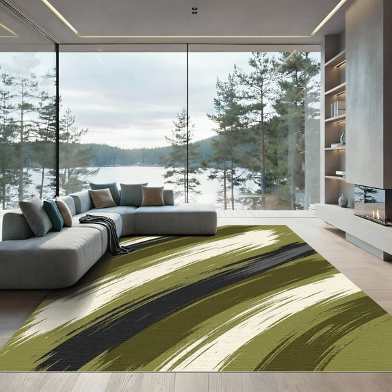 ODIKA 8'x10' Machine Washable Non-Slip Area Rug, Abstract Olive Green High Traffic Rug, Green, 1284503