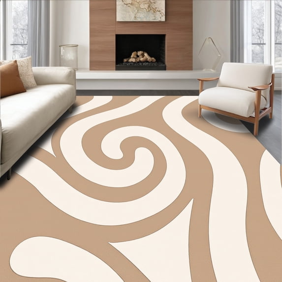 ODIKA 8'x10' Machine Washable Non-Slip Area Rug, Abstract Ripple Mosaic with Dynamic Wave Accents High Traffic Rug, Beige, 449925