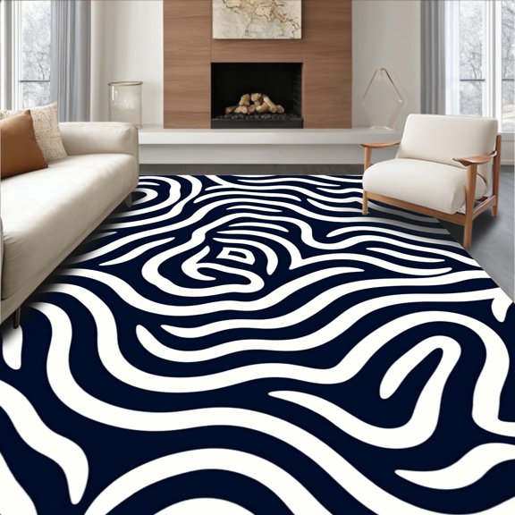 ODIKA 8'x10' Machine Washable Non-Slip Area Rug, Abstract Rippled Maze with Interlocking Labyrinthine Bands High Traffic Rug, Black, 716099