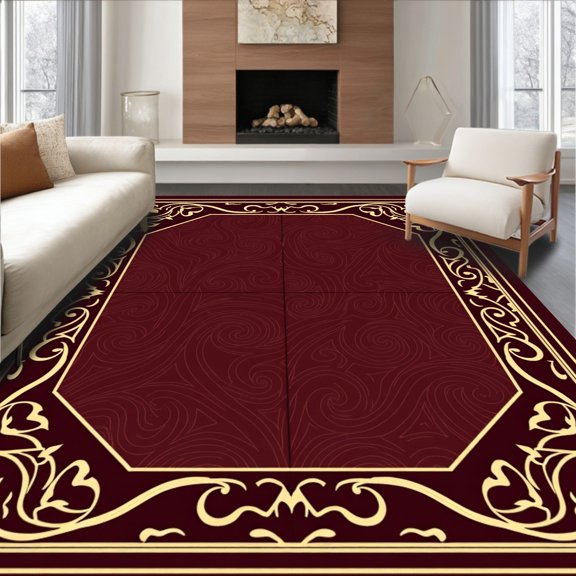 ODIKA 8'x10' Machine Washable Non-Slip Area Rug, Abstract Swirl with Contemporary Art Nouveau Influences High Traffic Rug, Red, 476499