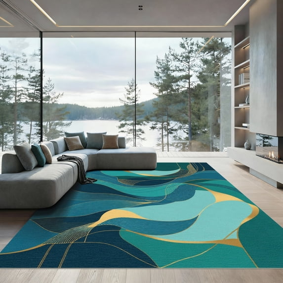 ODIKA 8'x10' Machine Washable Non-Slip Area Rug, Abstract Teal High Traffic Rug with Pad, Blue, 1035170