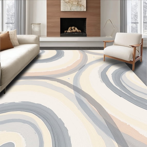 ODIKA 8'x10' Machine Washable Non-Slip Area Rug, Abstract Watercolor Brushstroke Swirl Contemporary Art Design High Traffic Rug, Beige, 463110