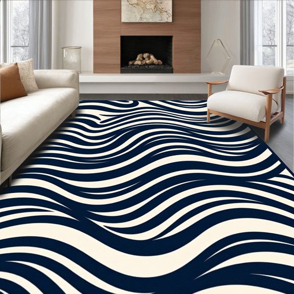 ODIKA 8'x10' Machine Washable Non-Slip Area Rug, Abstract Wave Design with Flowing Contemporary Lines High Traffic Rug, Blue, 476938