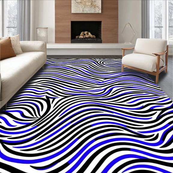 ODIKA 8x10 Machine Washable Non-Slip Area Rug, Abstract Zebra Stripe Design with Monochrome Wave Motifs High Traffic Rug, Black, 587258