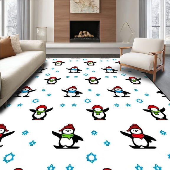 ODIKA 8'x10' Machine Washable Non-Slip Area Rug, Adorable Winter Penguin Family Latch Hook Project High Traffic Rug, Red, 618676