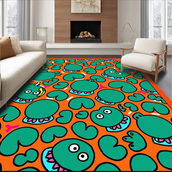 ODIKA 8'x10' Machine Washable Non-Slip Area Rug, Alligator Inspired Cartoon with Interlocking Monster Shapes and Bold Color Pops High Traffic Rug, Orange, 720488