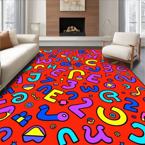 ODIKA 8'x10' Machine Washable Non-Slip Area Rug, Alphabet Adventure Pathway with Letters and Number Motifs High Traffic Rug, Red, 690170