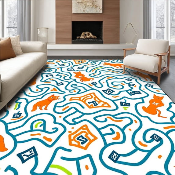 ODIKA 8'x10' Machine Washable Non-Slip Area Rug, Alphabet Adventure Trail with Exotic Animals and Letter Pathways High Traffic Rug, Orange, 699521