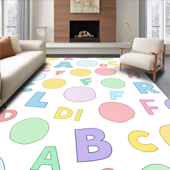 ODIKA 8'x10' Machine Washable Non-Slip Area Rug, Alphabet Adventure Wonderland with Interlocking Letters and Whimsical Motifs High Traffic Rug, Yellow, 693504