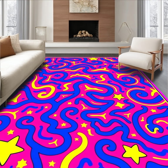 ODIKA 8'x10' Machine Washable Non-Slip Area Rug, Alphabet Galaxy Maze with Whimsical Letter Motifs and Stellar Accents High Traffic Rug with Pad, Pink, 697012