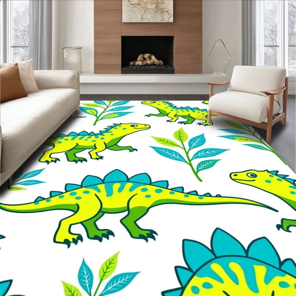 ODIKA 8'x10' Machine Washable Non-Slip Area Rug, Animated Dino With Jungle Foliage and Spotted Leaf Accents High Traffic Rug, Yellow, 723286