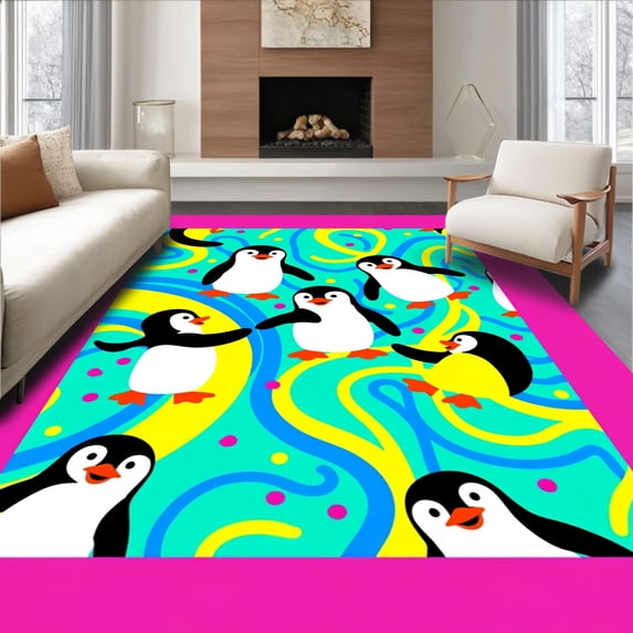 ODIKA 8'x10' Machine Washable Non-Slip Area Rug, Animated Penguin Gathering with Bright and Abstract Arctic High Traffic Rug, Pink, 726169