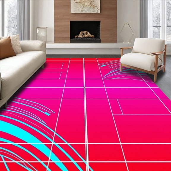 ODIKA 8'x10' Machine Washable Non-Slip Area Rug, Arcade Wave Synthwave Retro Electronic Entertainment High Traffic Rug, Pink, 579433