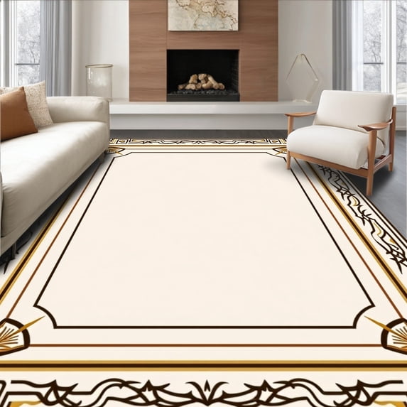 ODIKA 8'x10' Machine Washable Non-Slip Area Rug, Art Fan Featuring Elegant Arches and Gilded Accents High Traffic Rug with Pad, Beige, 544543