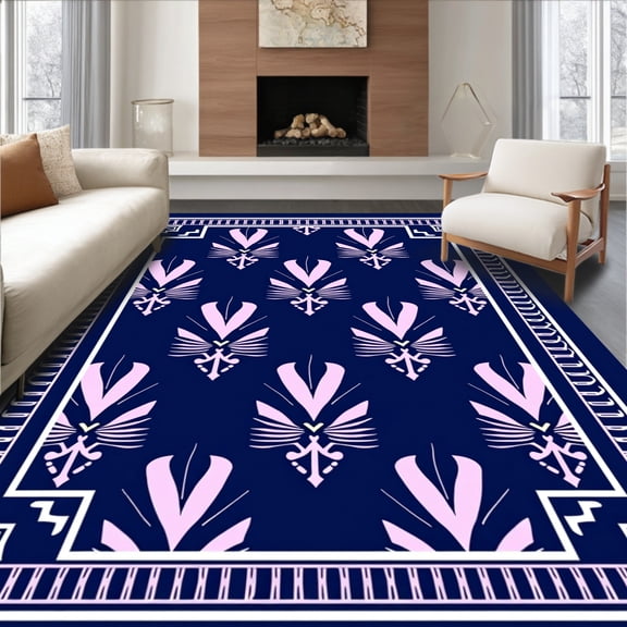 ODIKA 8'x10' Machine Washable Non-Slip Area Rug, Art Fan Motifs with Interlocking Accents High Traffic Rug, Navy Blue, 459013
