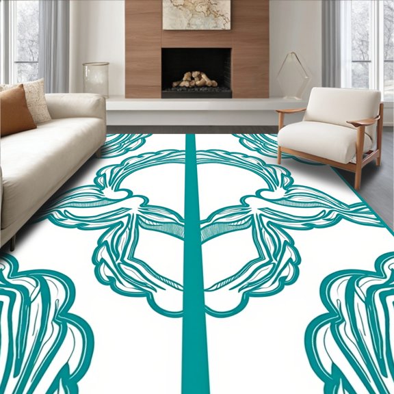 ODIKA 8'x10' Machine Washable Non-Slip Area Rug, Art Inspired Fan Motif with Curved Lines and Symmetrical Layout High Traffic Rug, Blue, 716893