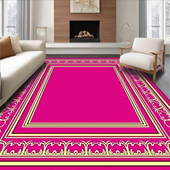 ODIKA 8'x10' Machine Washable Non-Slip Area Rug, Art Inspired Fan with Elegant Metallic Detailing High Traffic Rug, Pink, 447656