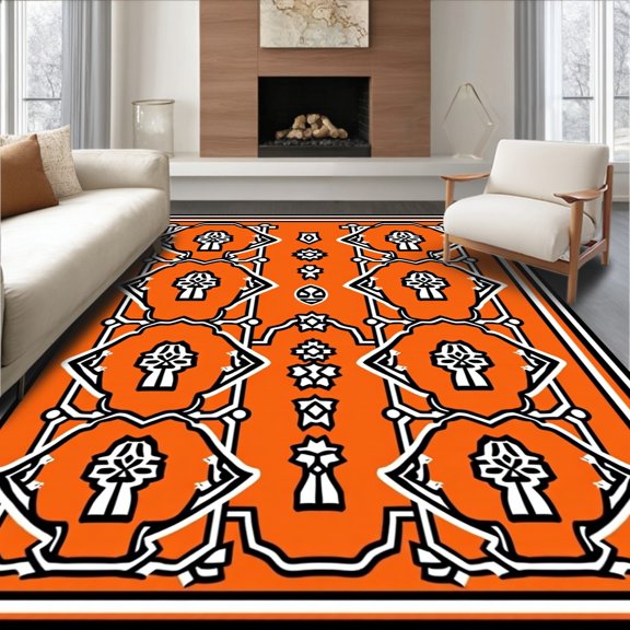 ODIKA 8'x10' Machine Washable Non-Slip Area Rug, Art Inspired Interlocking Motif with Crisp Lines High Traffic Rug, Orange, 522635