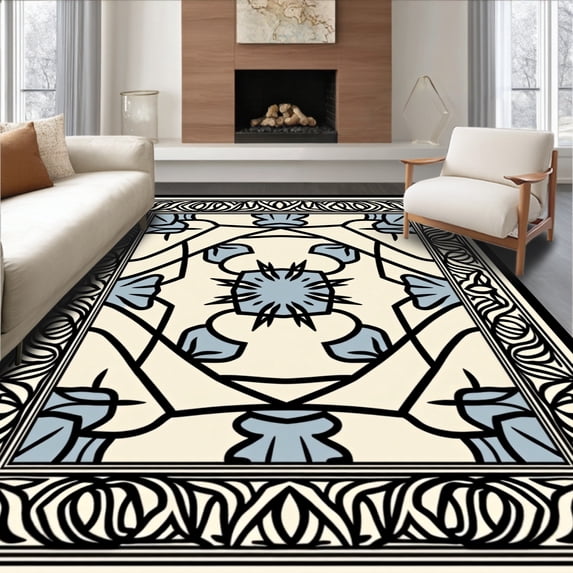 ODIKA 8'x10' Machine Washable Non-Slip Area Rug, Art Interlocking Fan with Streamlined Border Detailing High Traffic Rug with Pad, Ivory, 337233