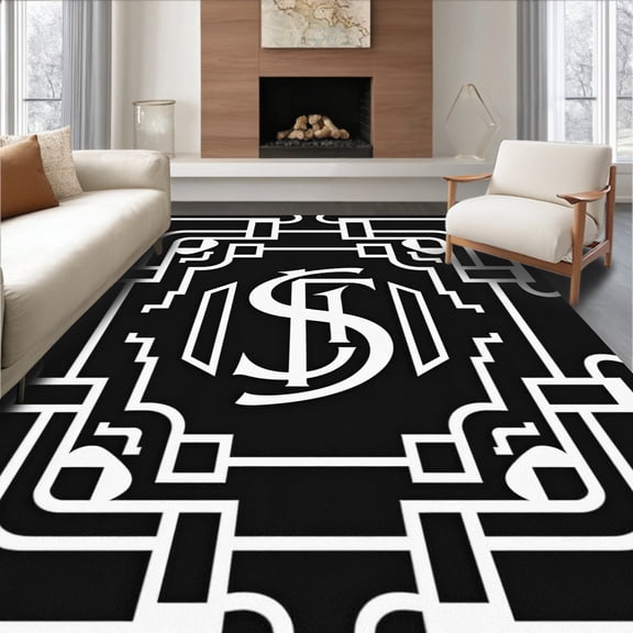ODIKA 8'x10' Machine Washable Non-Slip Area Rug, Art Interlocking Maze Welcome with Design High Traffic Rug, Black, 662979