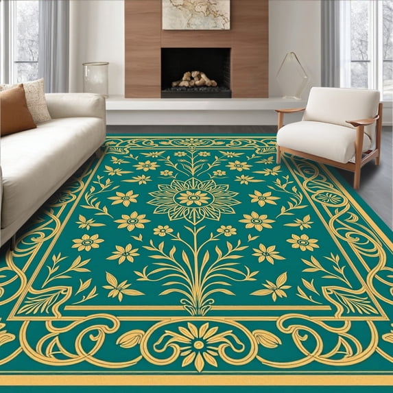 ODIKA 8'x10' Machine Washable Non-Slip Area Rug, Art Nouveau Insect Parade Featuring Flower Sprigs and Vine Details High Traffic Rug with Pad, Blue, 574599