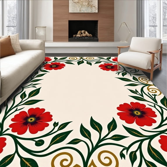ODIKA 8'x10' Machine Washable Non-Slip Area Rug, Art Nouveau Poppy Motif with Flowing Botanical Vines High Traffic Rug, Red, 677645