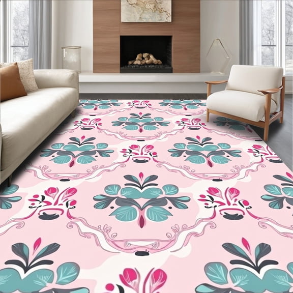 ODIKA 8'x10' Machine Washable Non-Slip Area Rug, Artisan Floral Mosaic with Botanical Design High Traffic Rug, Pink, 466626