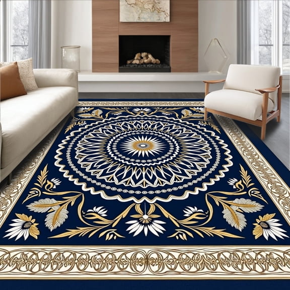 ODIKA 8'x10' Machine Washable Non-Slip Area Rug, Artisan Kaleidoscope Tessellation Exquisite High Traffic Rug, Navy Blue, 581968