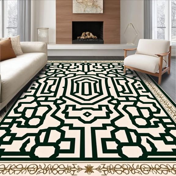 ODIKA 8'x10' Machine Washable Non-Slip Area Rug, Artisan Maze Celebration Flooring With Symmetrical Medallions High Traffic Rug, Beige, 605755