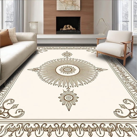 ODIKA 8'x10' Machine Washable Non-Slip Area Rug, Artisan Medallion Sunburst Vintage Inspired High Traffic Rug, Ivory, 550454