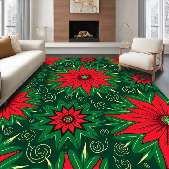 ODIKA 8'x10' Machine Washable Non-Slip Area Rug, Artisan Petal Crochet Canvas Festive Holiday Creation High Traffic Rug, Red, 642762